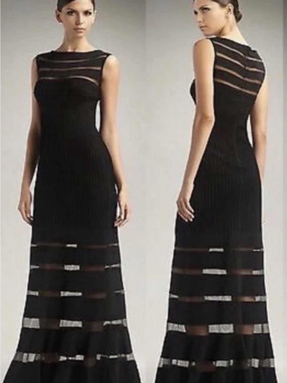 Dress M
Illusion Stripe Mesh Trim Tiered
Pintuck Maxi Black